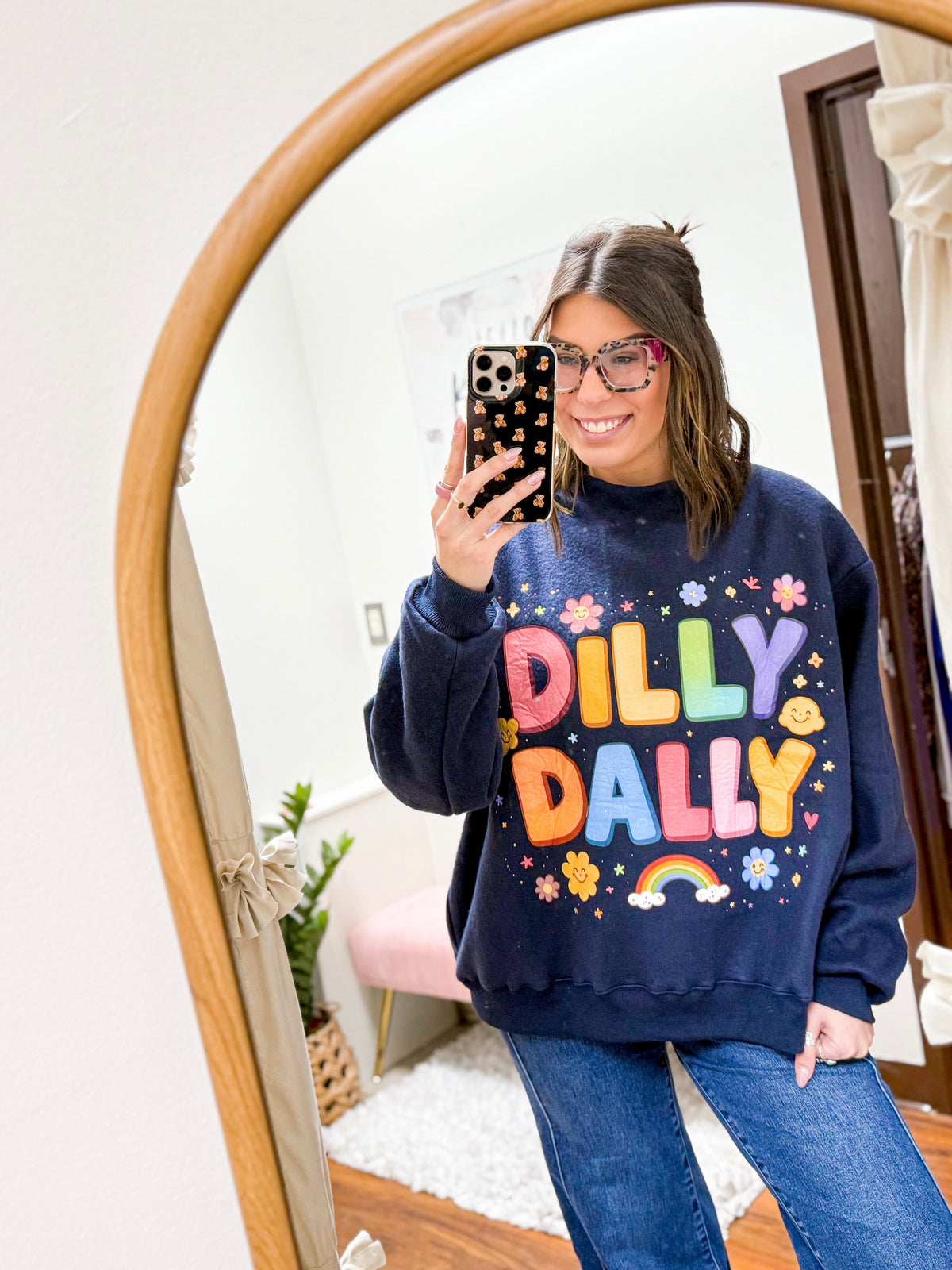 The Dilly Dally Reversible Mock Neck Sweatshirt - Navy/Rainbow