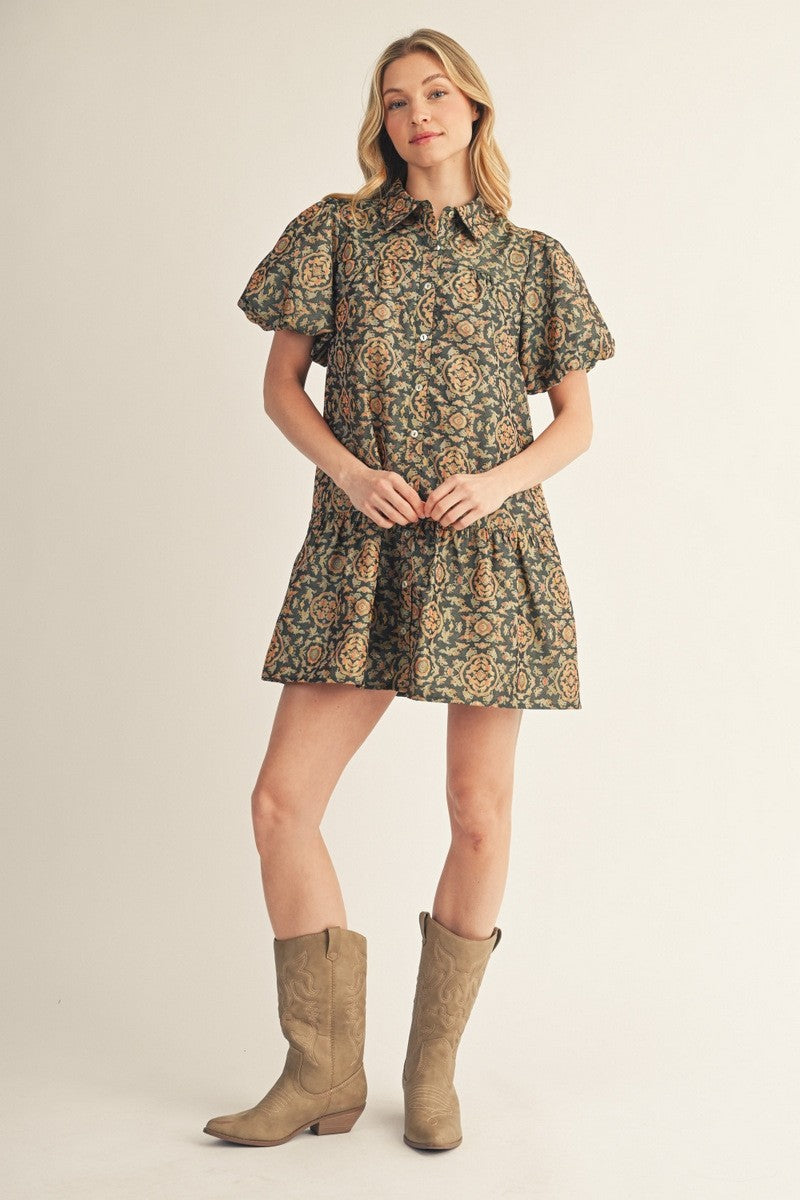 The Velda Puff Sleeves Baroque Jacquard Dress