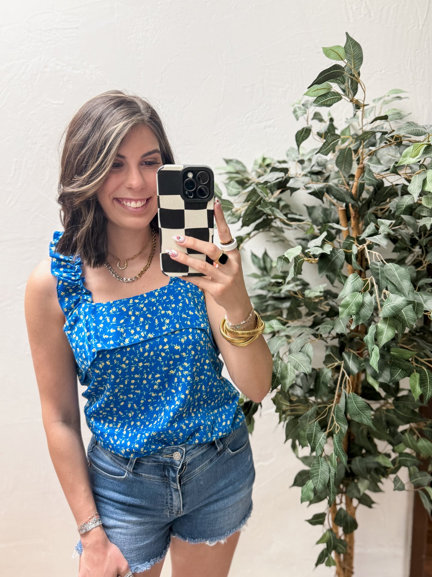 The Rebecca Flounce Tank Top - Blue Floral