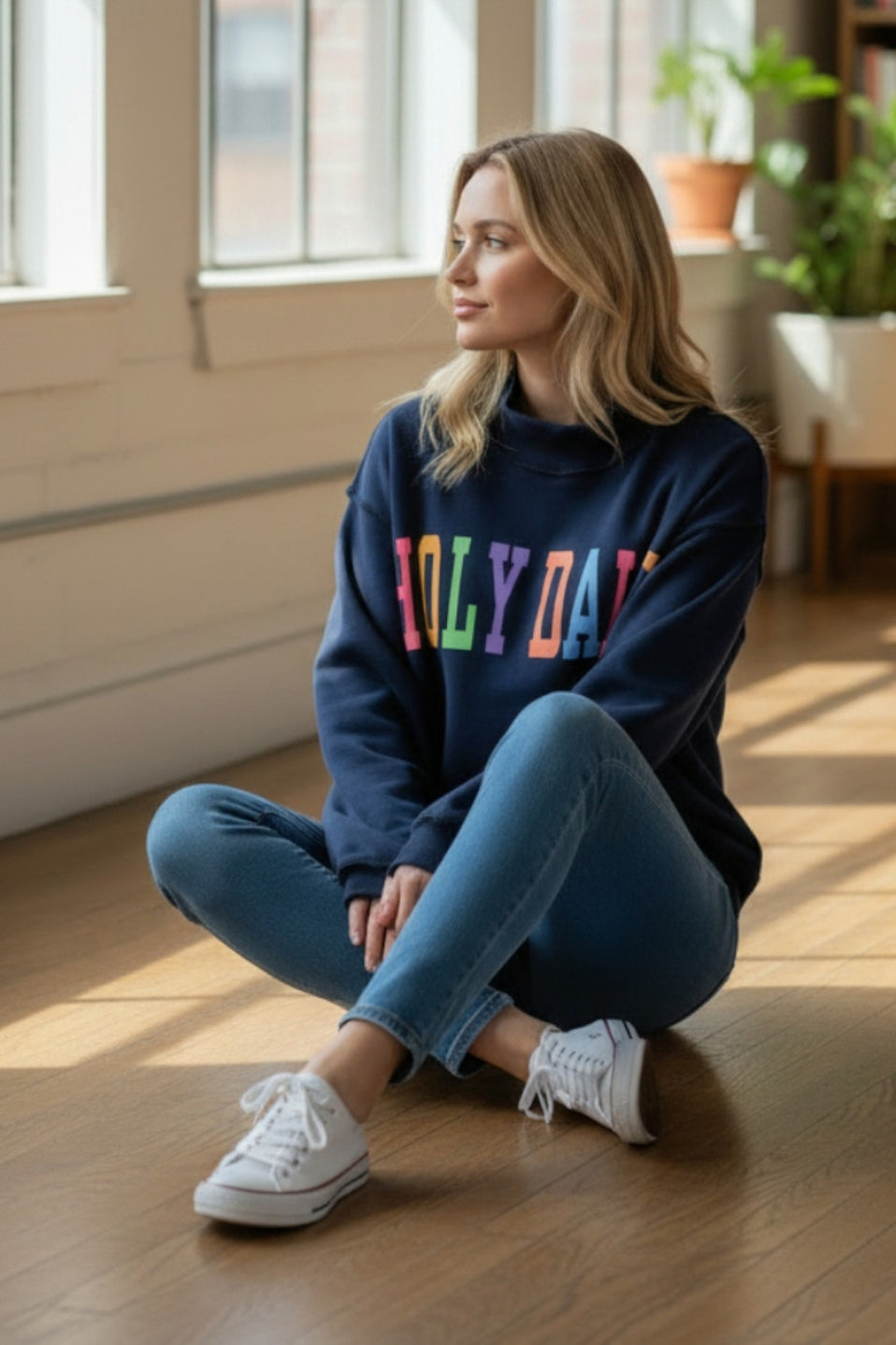 The Dilly Dally Reversible Mock Neck Sweatshirt - Navy/Rainbow