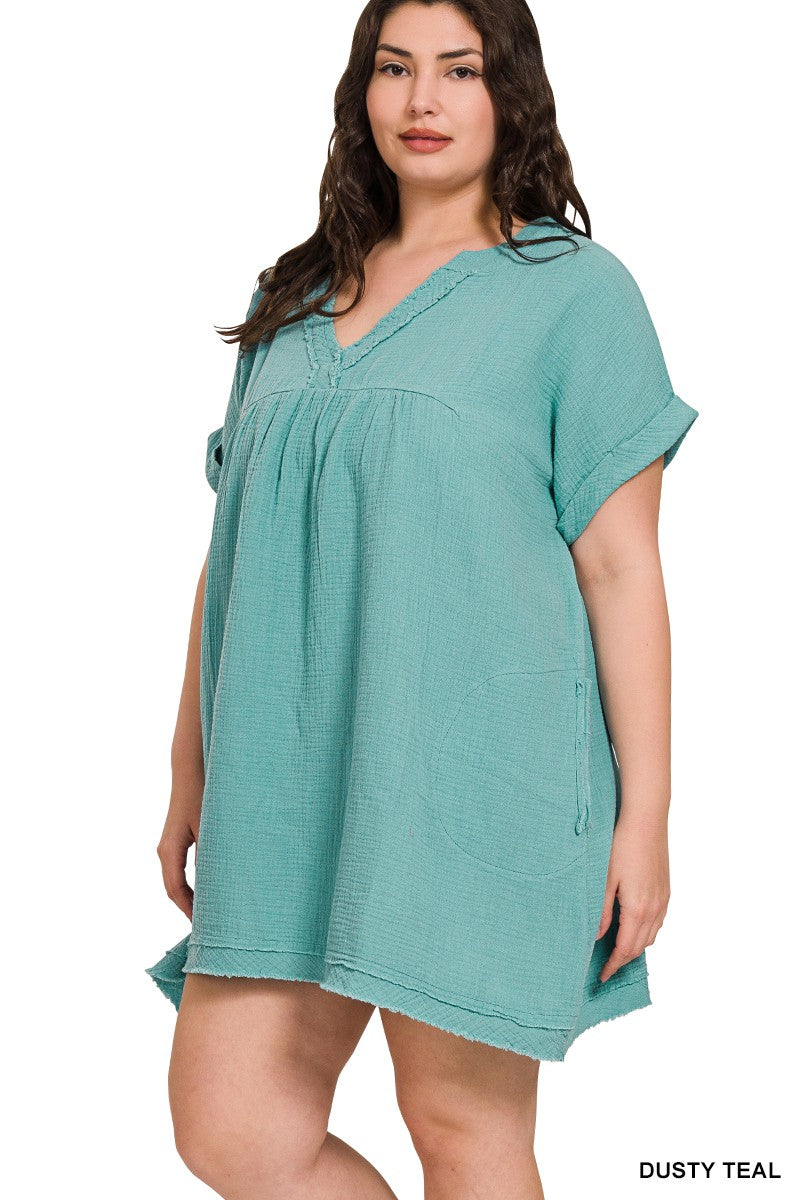 CURVY - The Kaylin Gauze Raw Edge V-neck Dress - Dusty Teal