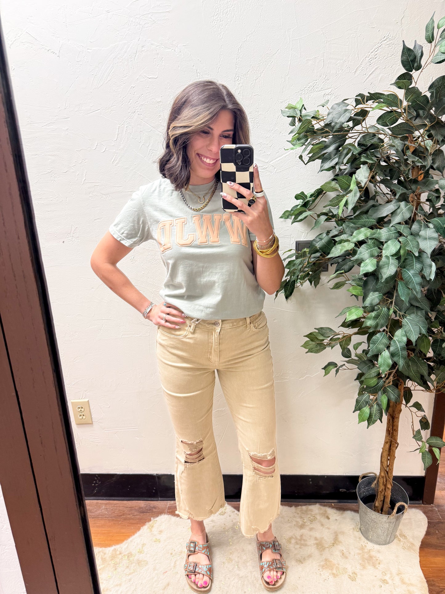 The Tristan Acid Wash High Waist Distressed Straight Pants - Sand Beige