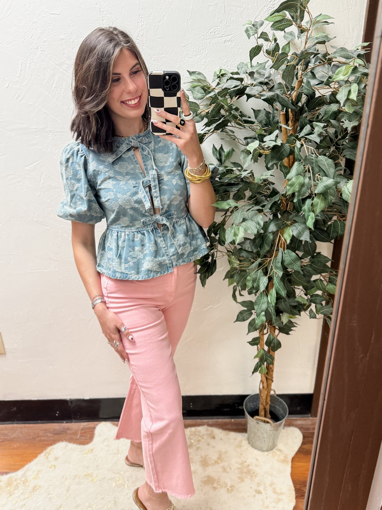 The Marlowe Rose Front Tie Puff Sleeve Denim Top