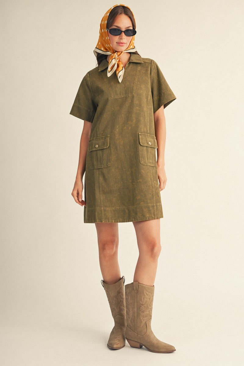 The Blake Washed Casual Shift Dress - Olive