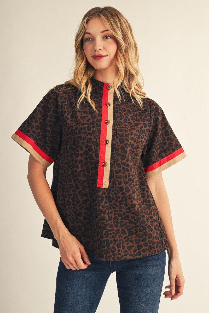 The Camren Contrast Accent Mock Neck Leopard Top - Brown