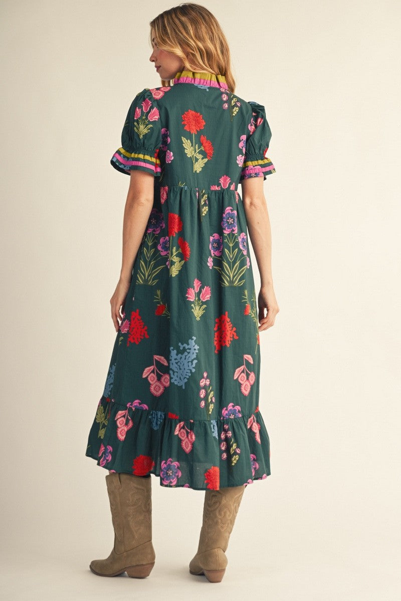 The Georgina Contrast Accent Floral Midi Dress - Hunter Green