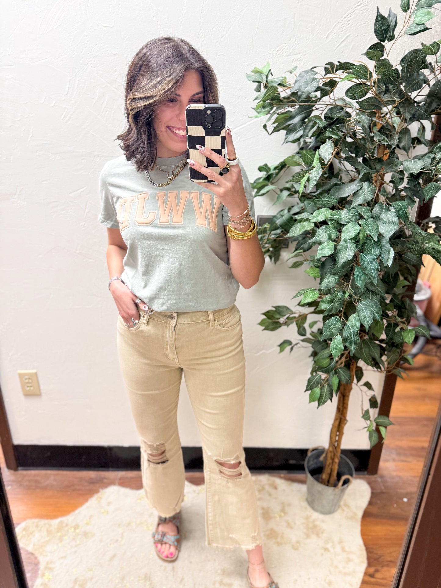 The Tristan Acid Wash High Waist Distressed Straight Pants - Sand Beige