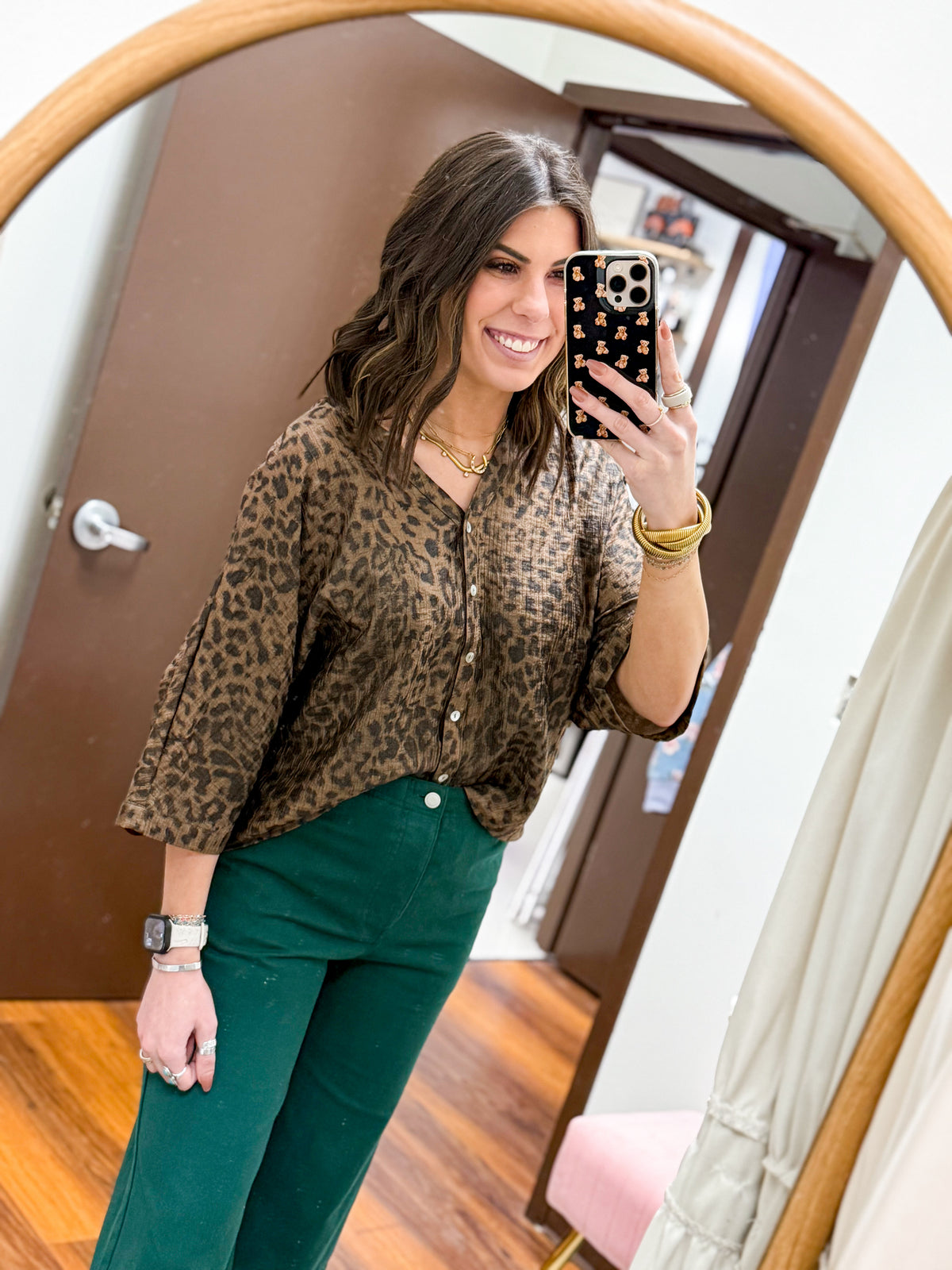 The Hayden Metallic Leopard Button Down Top - Brown