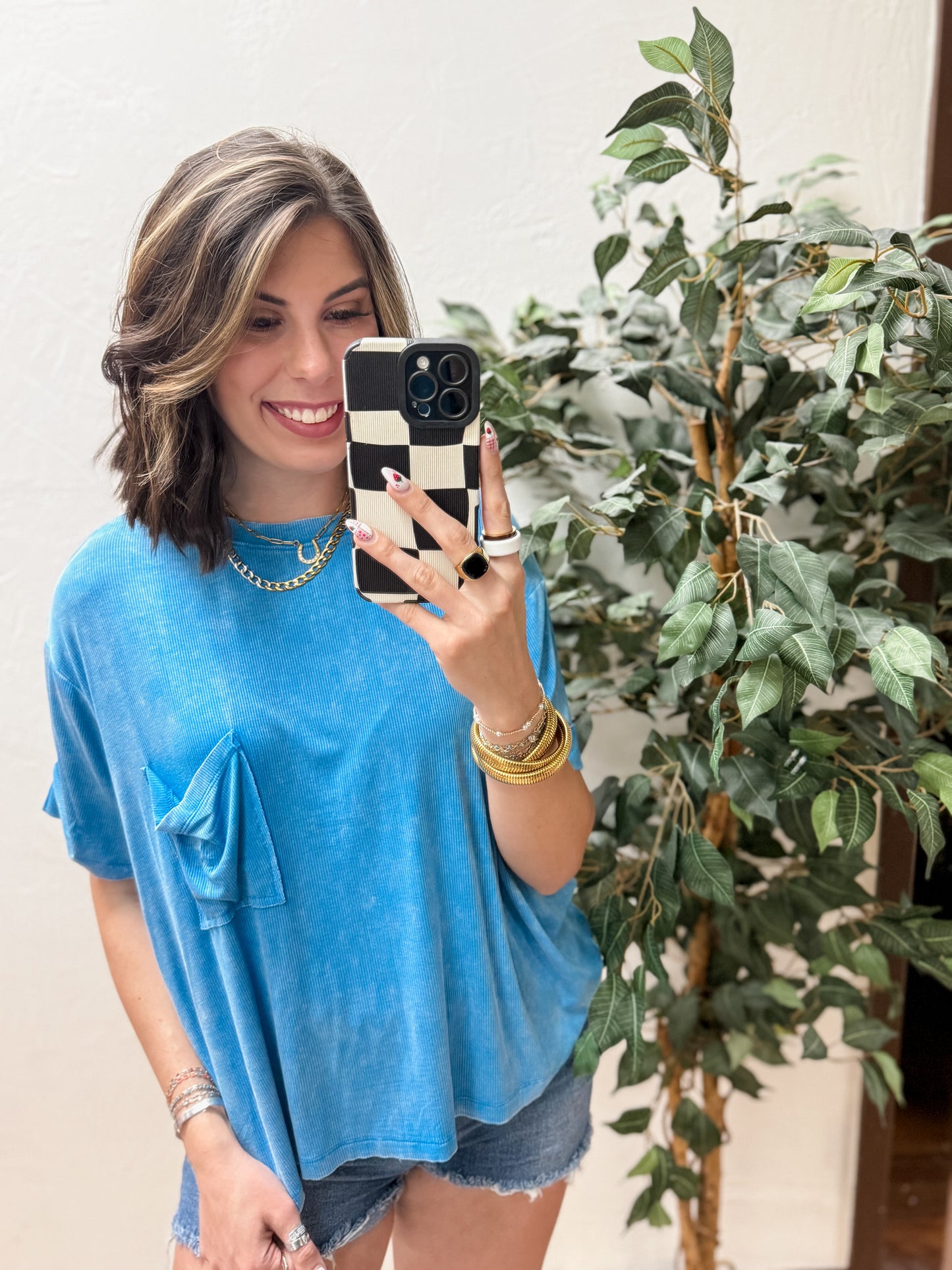 The Kora Acid Wash Ribbed Cuffed Tee - Deep Sky