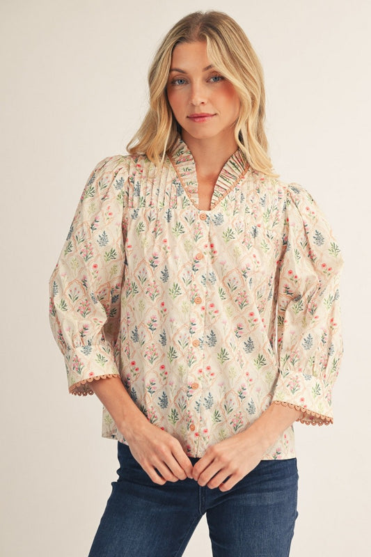 The Fauna Ruffle Neck Floral Pleated Top - Cream