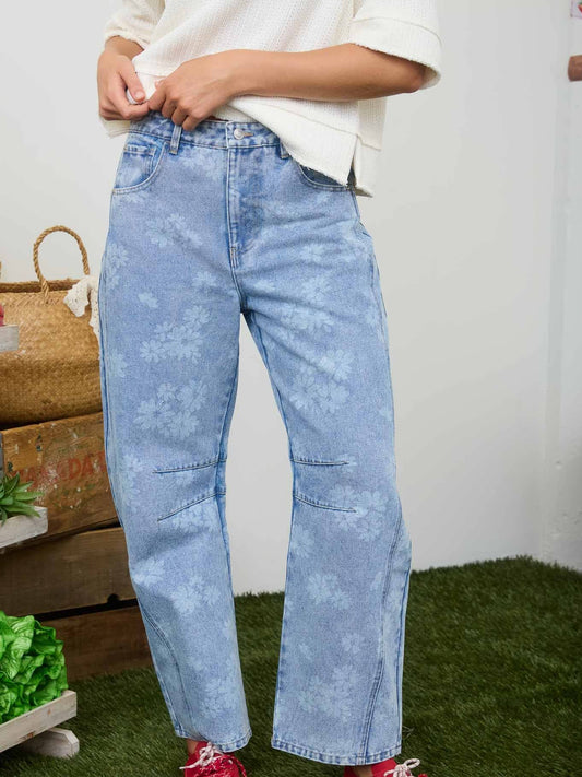 The Cali Floral Washed Denim Barrel Jeans