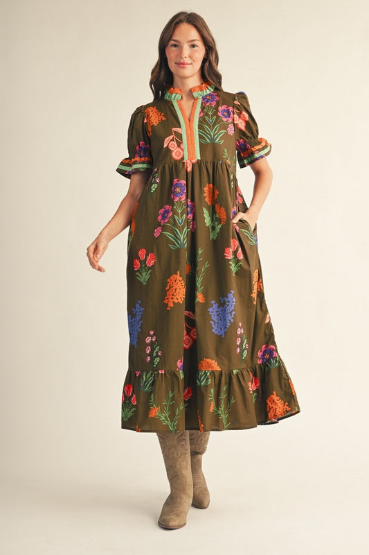 The Georgina Contrast Accent Floral Midi Dress - Brown