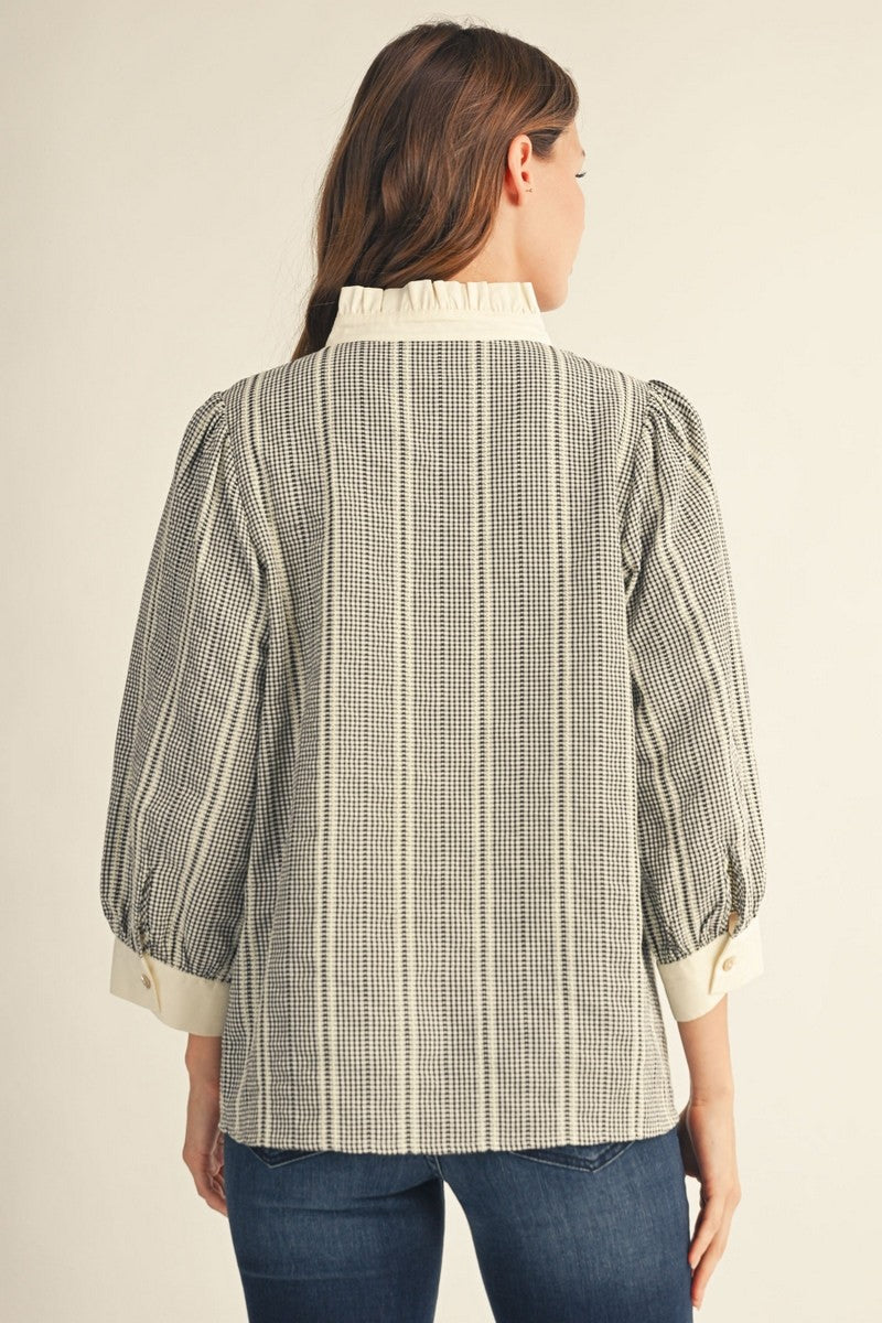 The Brock Ruffled Neckline Gingham Top - Black