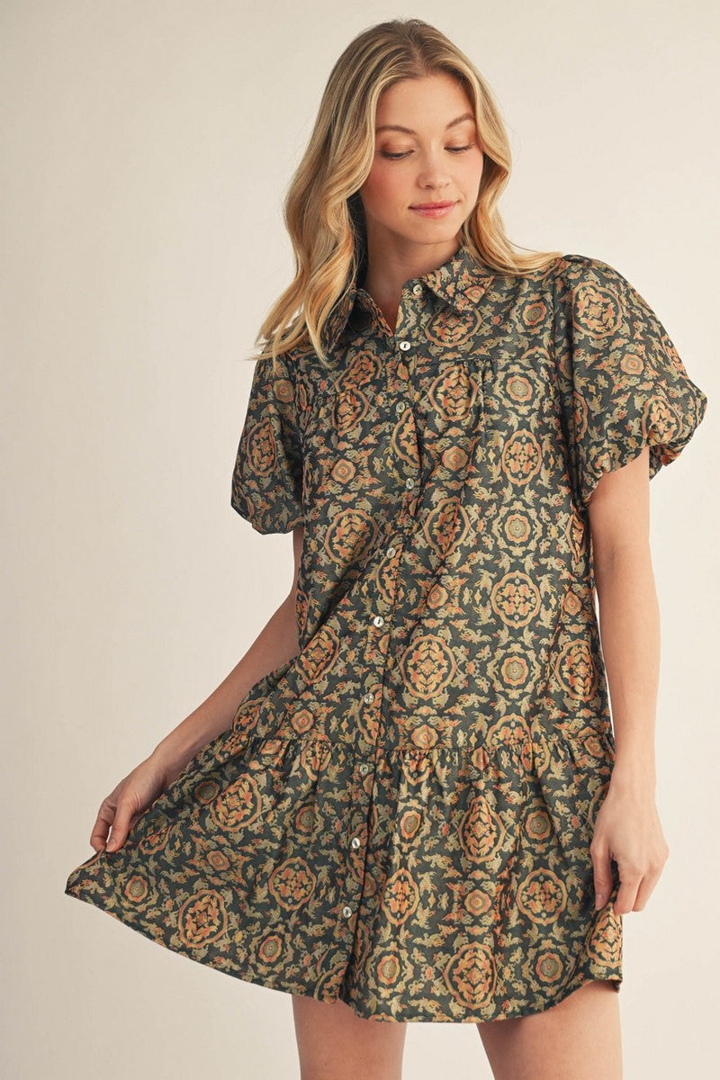 The Velda Puff Sleeves Baroque Jacquard Dress