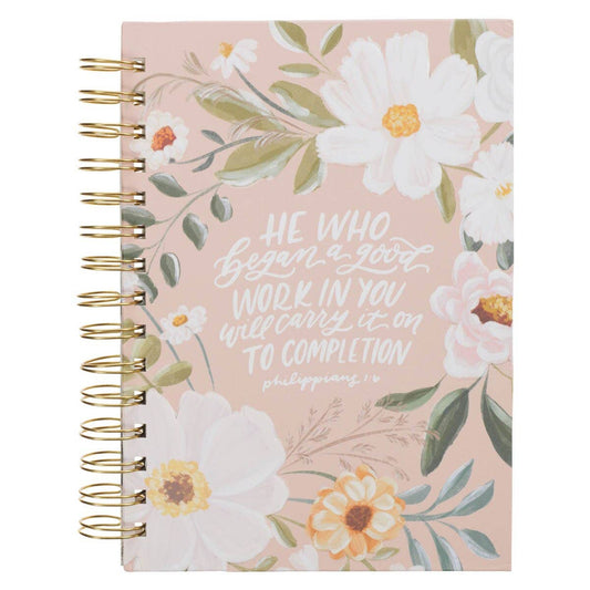 Beige Floral Good Work in You Philippians 1:6 Wirebound Journal on a white background