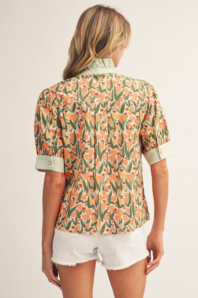The Elley Stripe Contrast Detail Floral Top - Orange