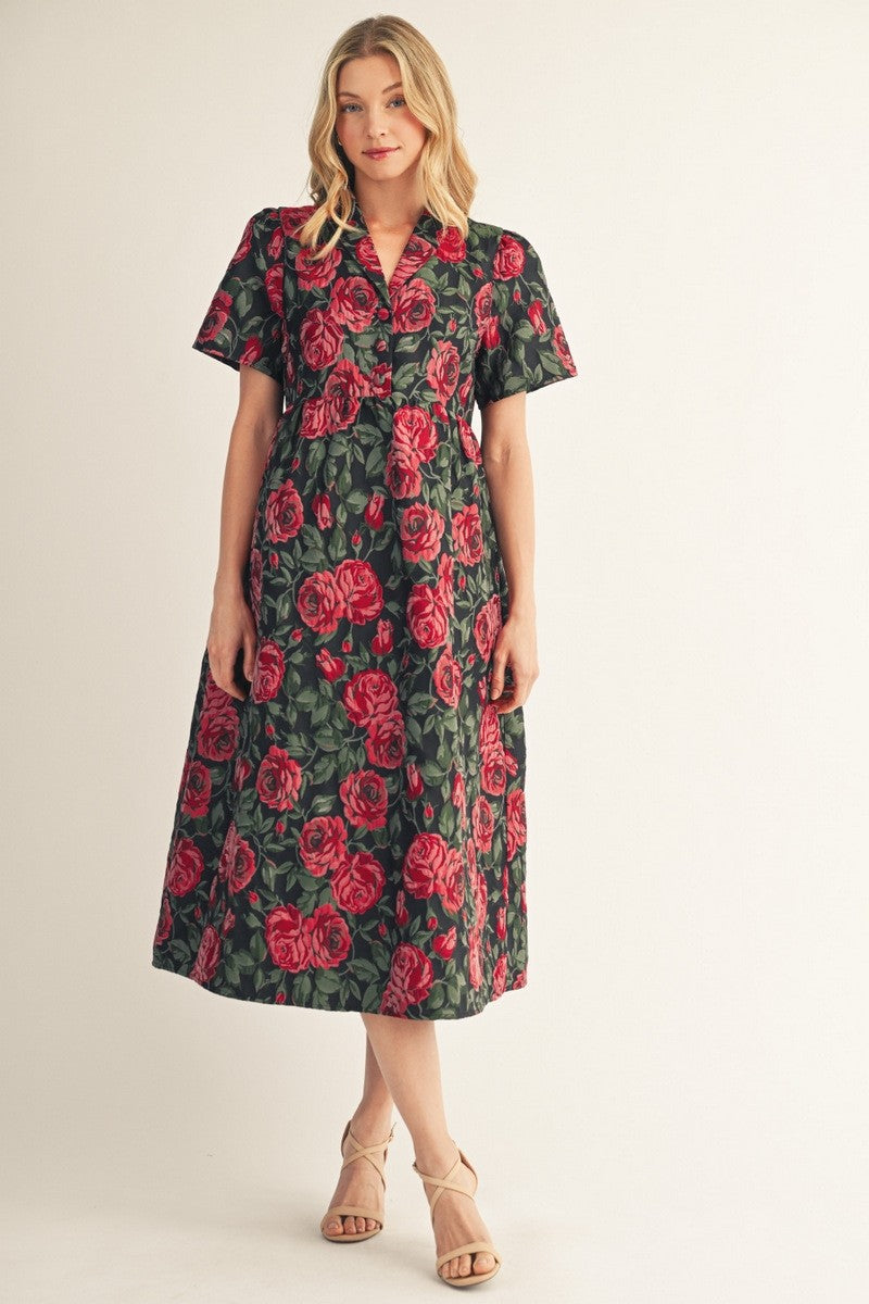 The Penelope Puff Shoulder Floral Jacquard Midi Dress - Black