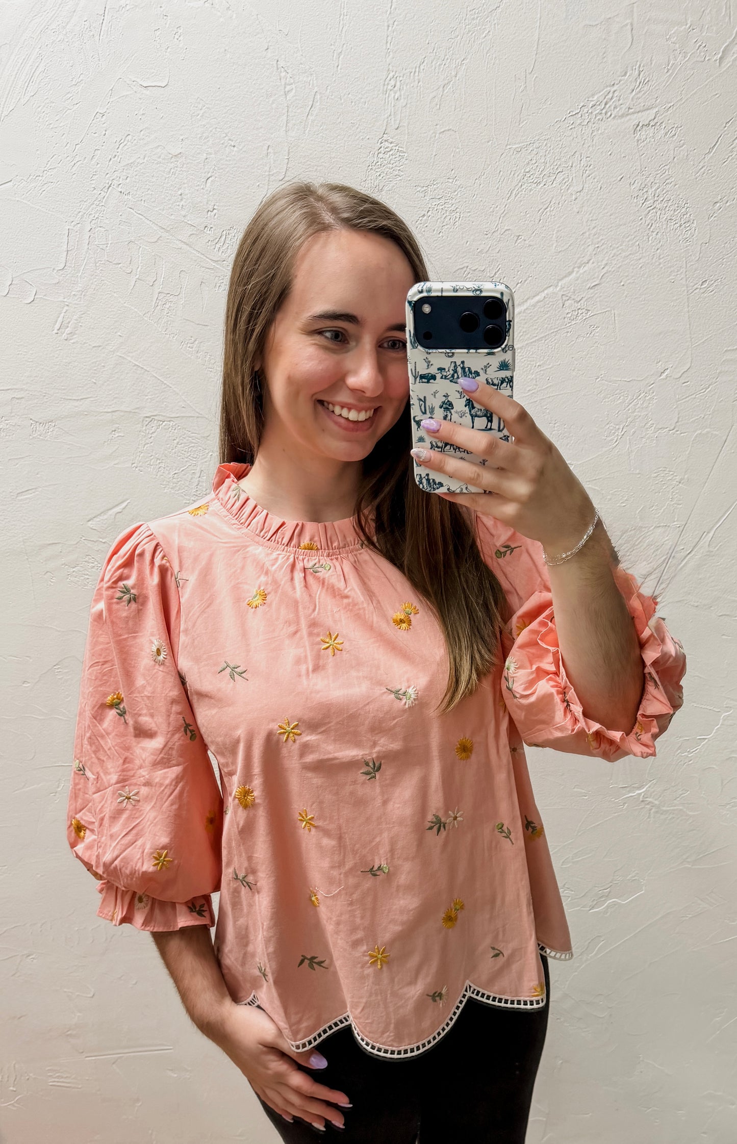 The Heidi Scallop Hem Floral Embroidered Top