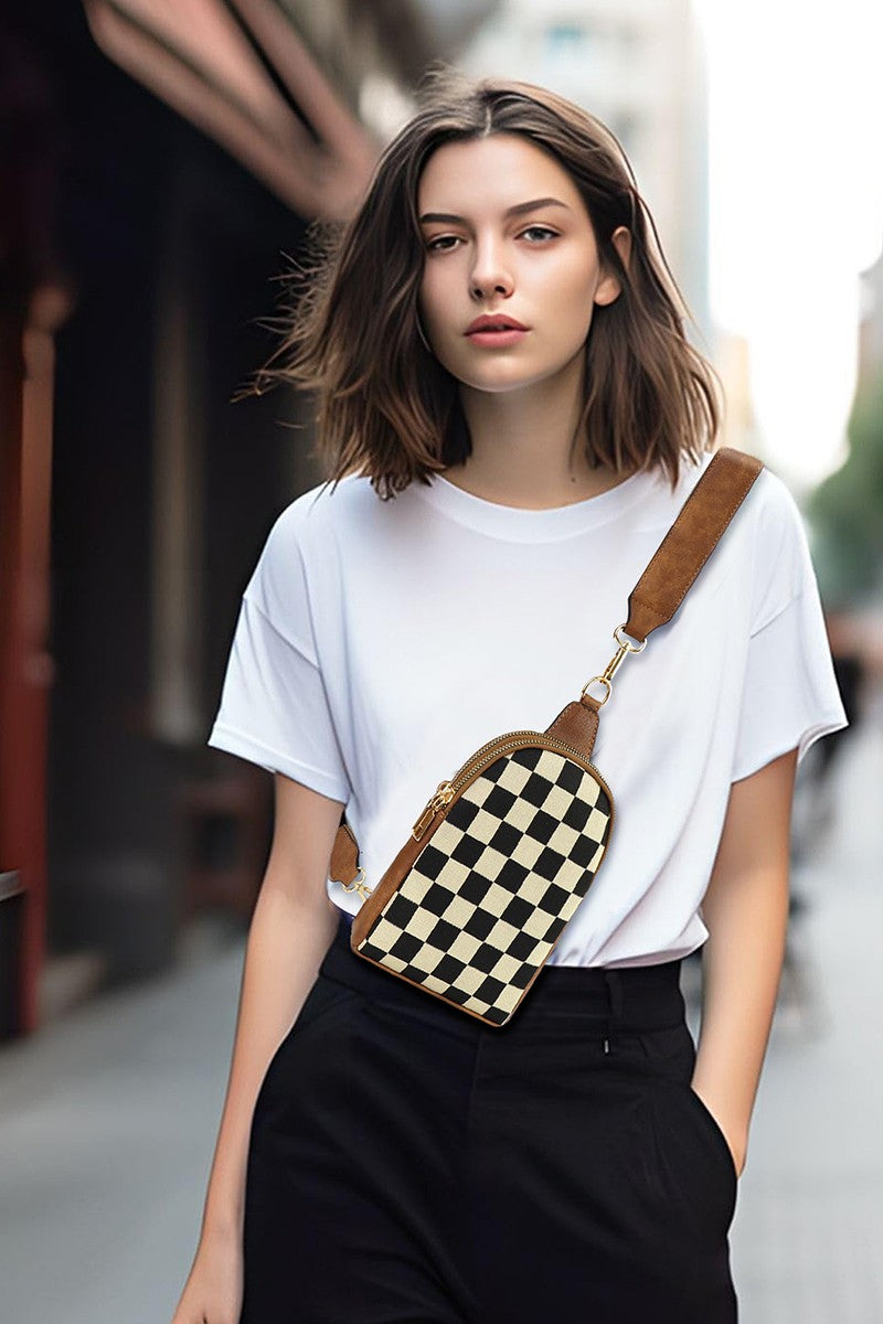 The Tabbie Checkered Crossbody Sling Bag - Camel