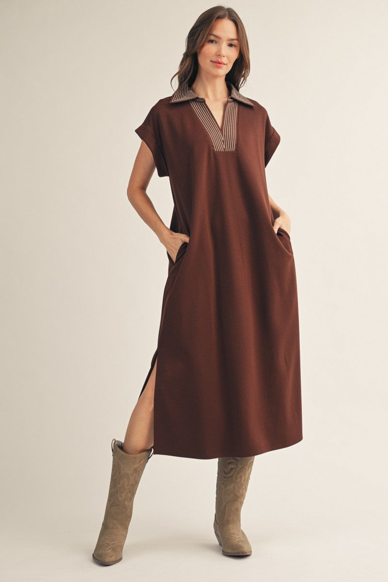 The Ophelia Stitch Detail Side Slit Midi Dress - Brown