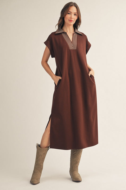 The Ophelia Stitch Detail Side Slit Midi Dress - Brown