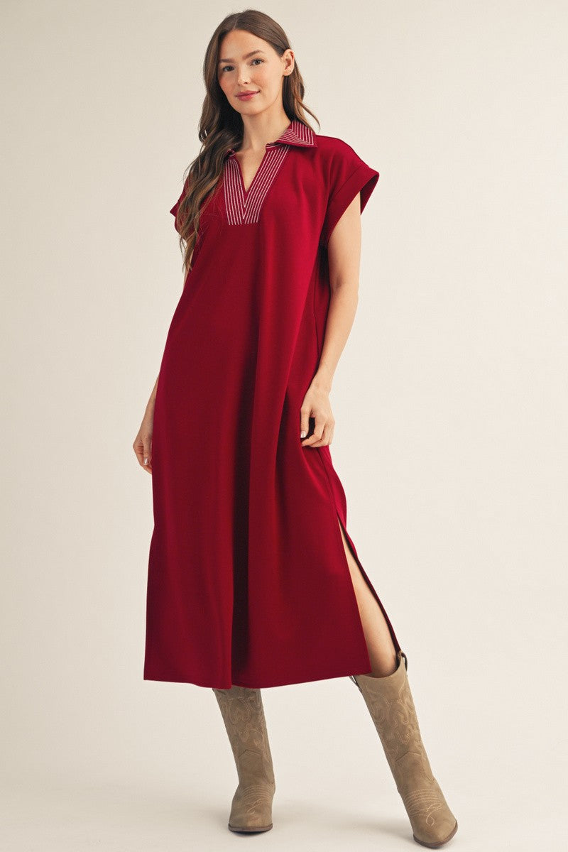 The Ophelia Stitch Detail Side Slit Midi Dress - Burgundy