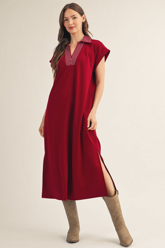 The Ophelia Stitch Detail Side Slit Midi Dress - Burgundy