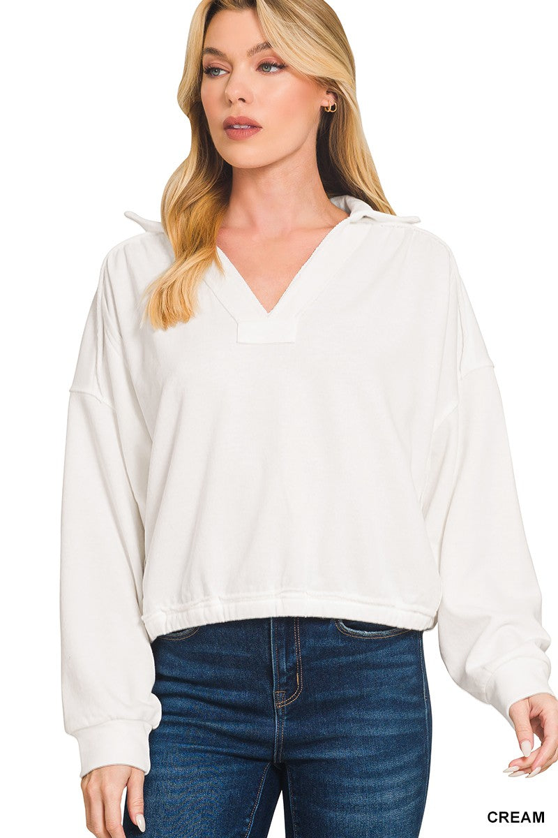The Ryleigh French Terry Collared Pullover - Cream