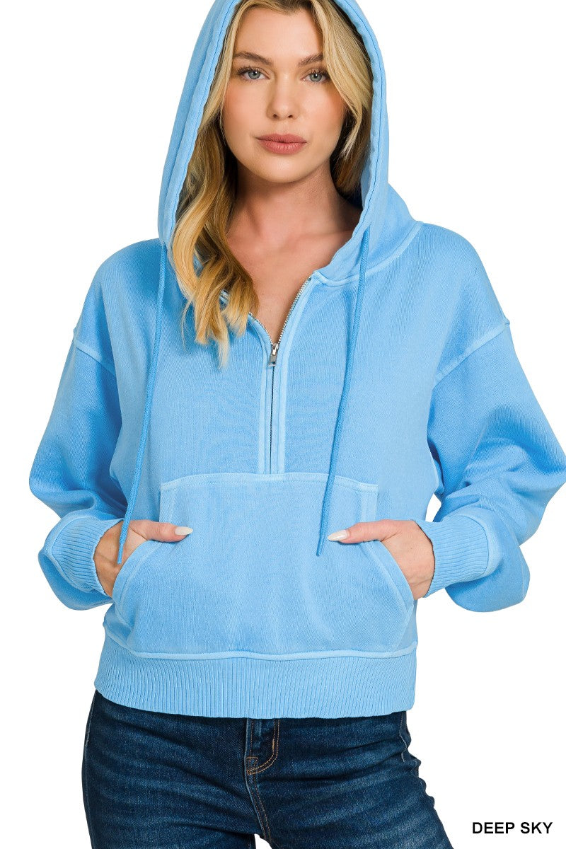 The Lilah Half Zip Kangaroo Pocket Hoodie - Deep Sky