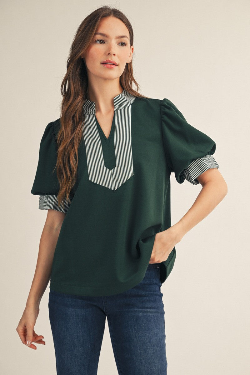 The Presley Stripe Contrast Accent Top - Hunter Green