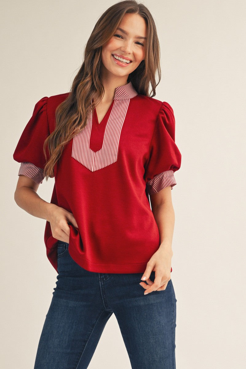 The Presley Stripe Contrast Accent Top - Burgundy