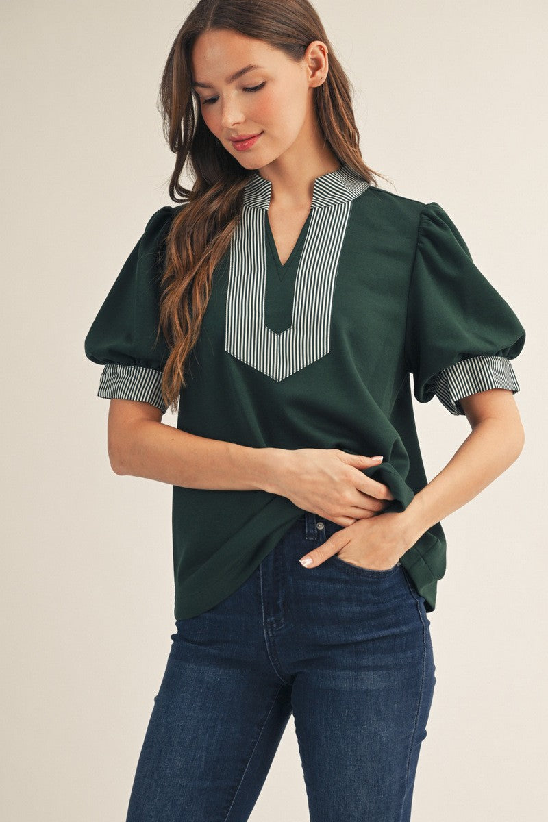 The Presley Stripe Contrast Accent Top - Hunter Green