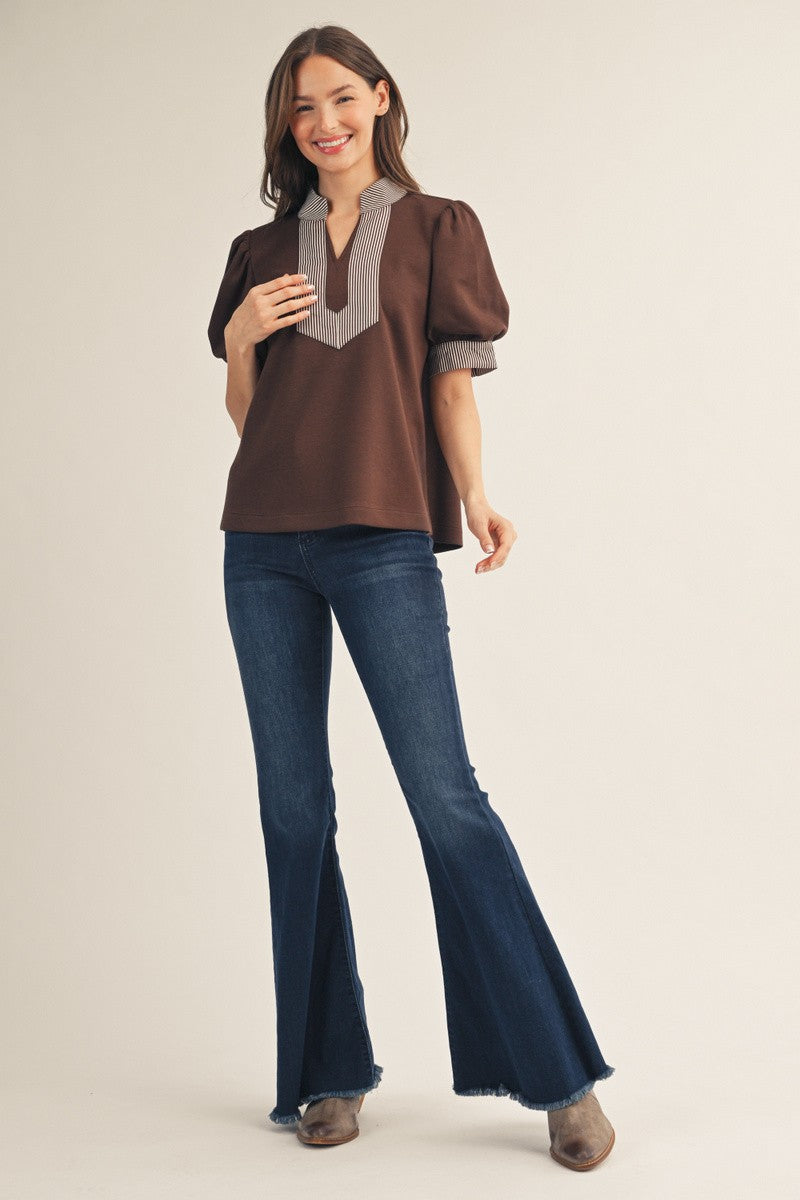 The Presley Stripe Contrast Accent Top - Brown