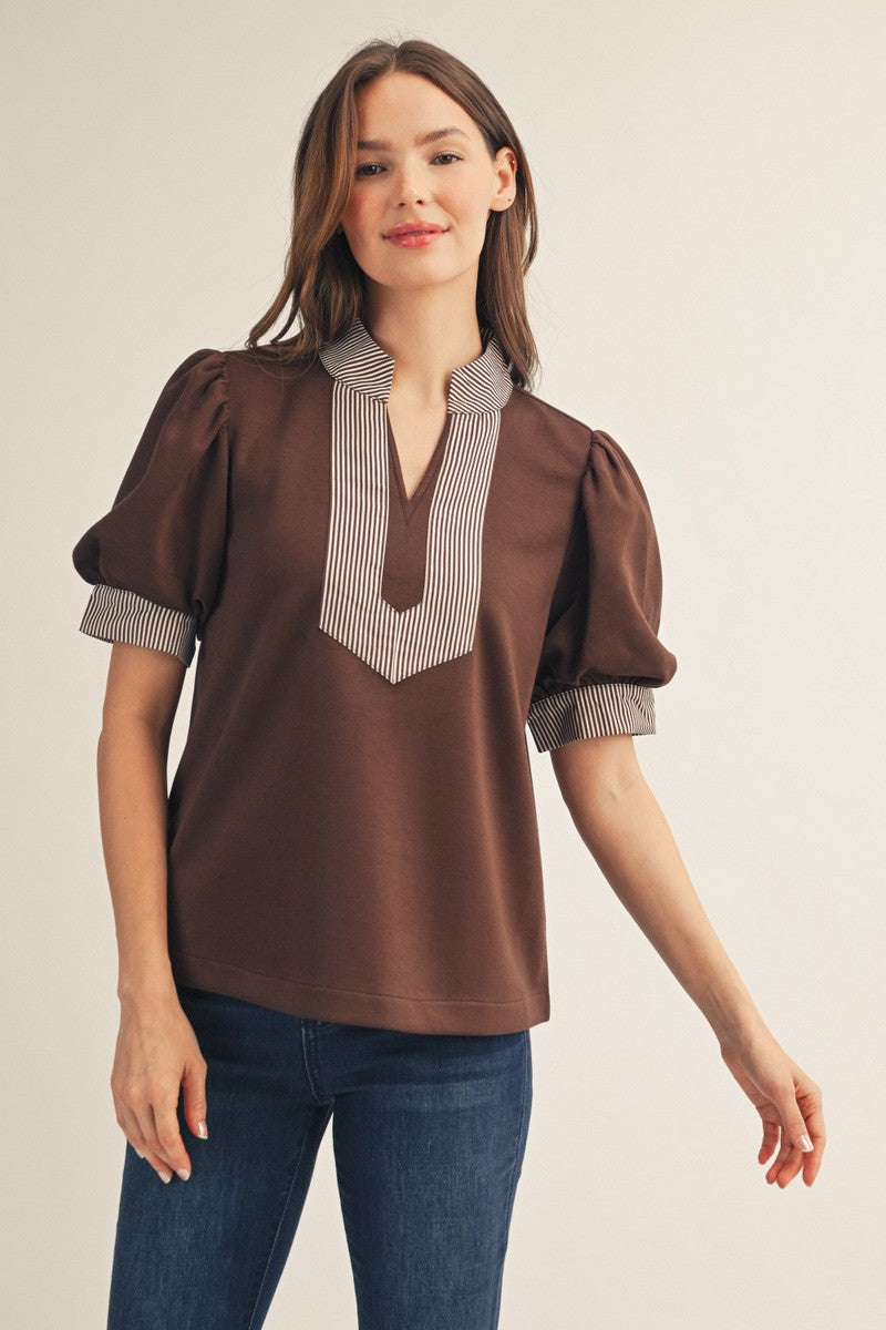 The Presley Stripe Contrast Accent Top - Brown