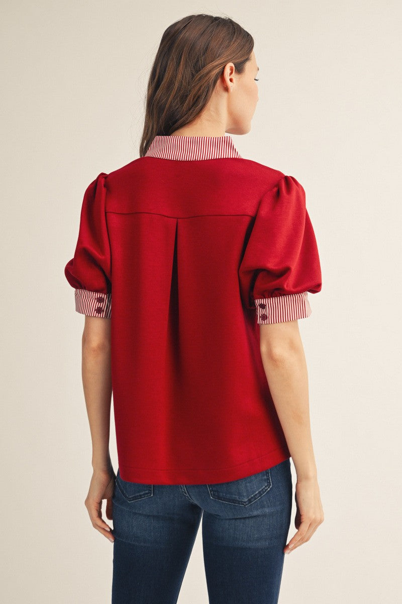 The Presley Stripe Contrast Accent Top - Burgundy