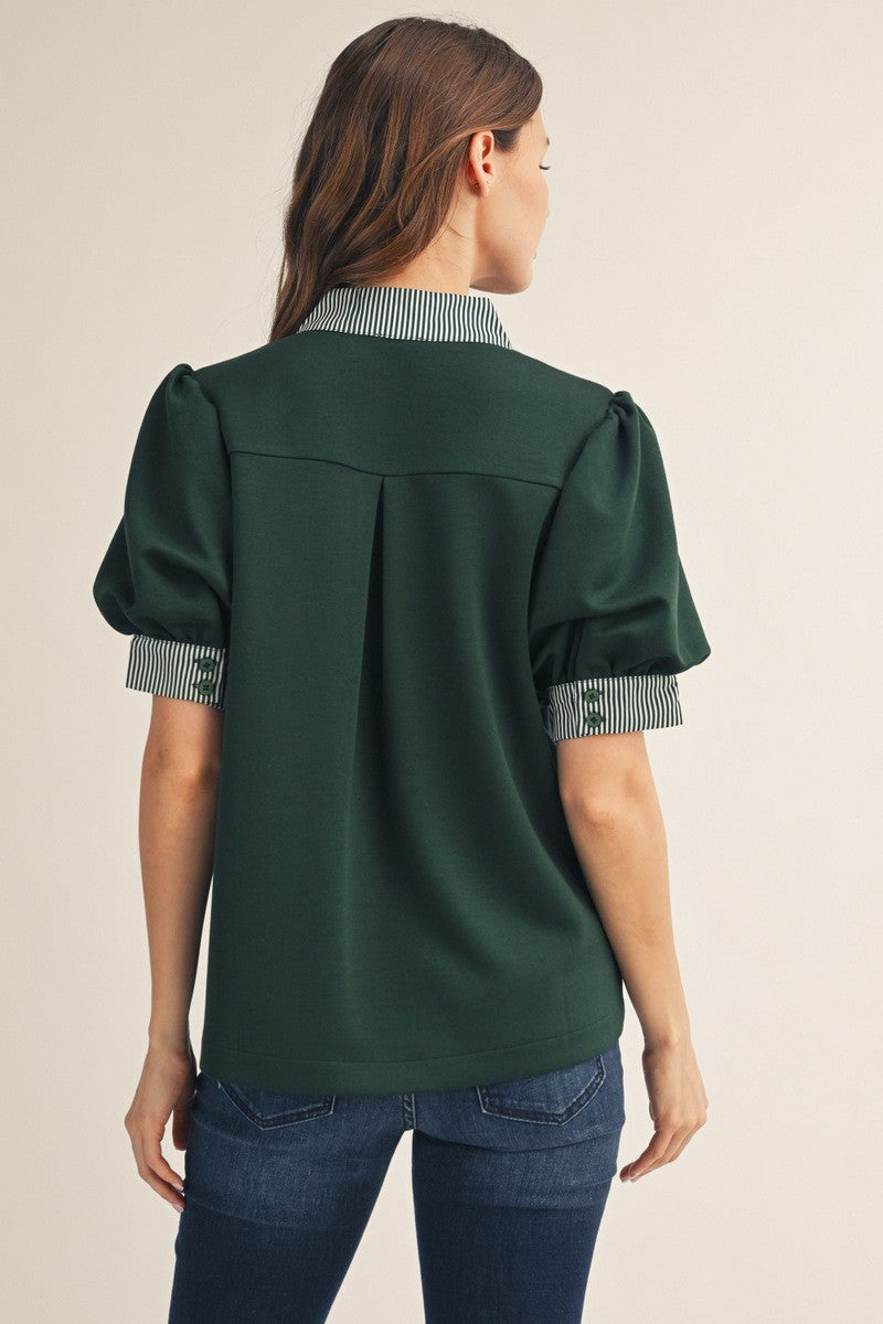 The Presley Stripe Contrast Accent Top - Hunter Green