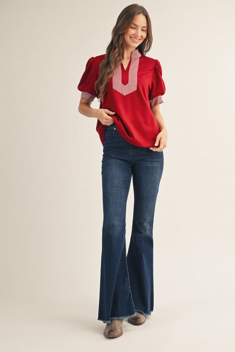 The Presley Stripe Contrast Accent Top - Burgundy