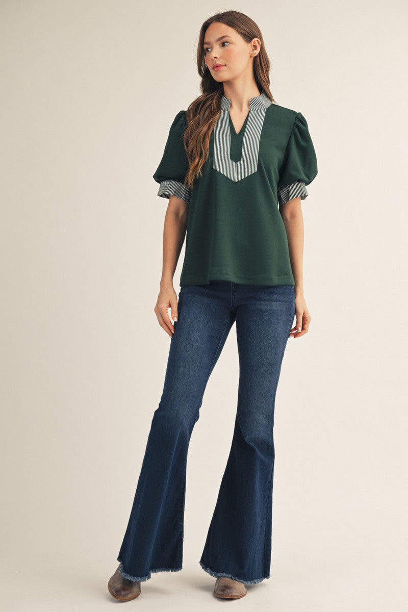 The Presley Stripe Contrast Accent Top - Hunter Green