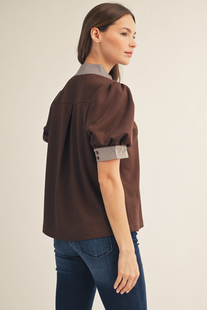 The Presley Stripe Contrast Accent Top - Brown