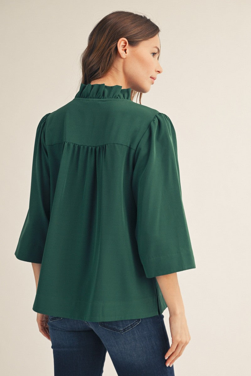 The Elena Ruffled Neck Crinkle Solid Top - Hunter Green