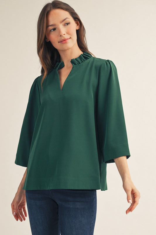 The Elena Ruffled Neck Crinkle Solid Top - Hunter Green