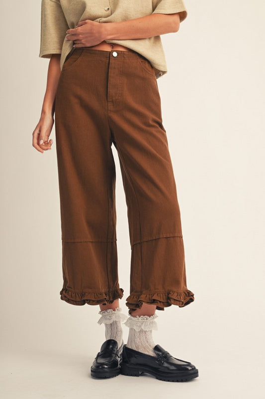The Camden Ruffle Hem Wide Leg Casual Pants - Brown