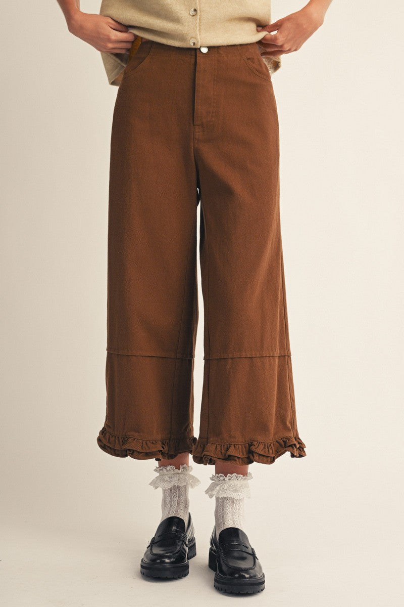 The Camden Ruffle Hem Wide Leg Casual Pants - Brown