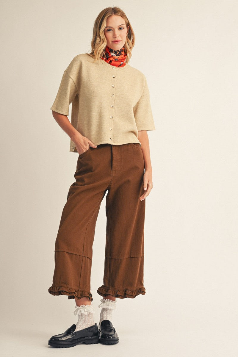 The Camden Ruffle Hem Wide Leg Casual Pants - Brown