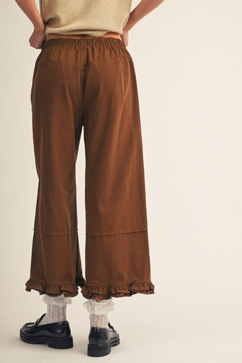 The Camden Ruffle Hem Wide Leg Casual Pants - Brown