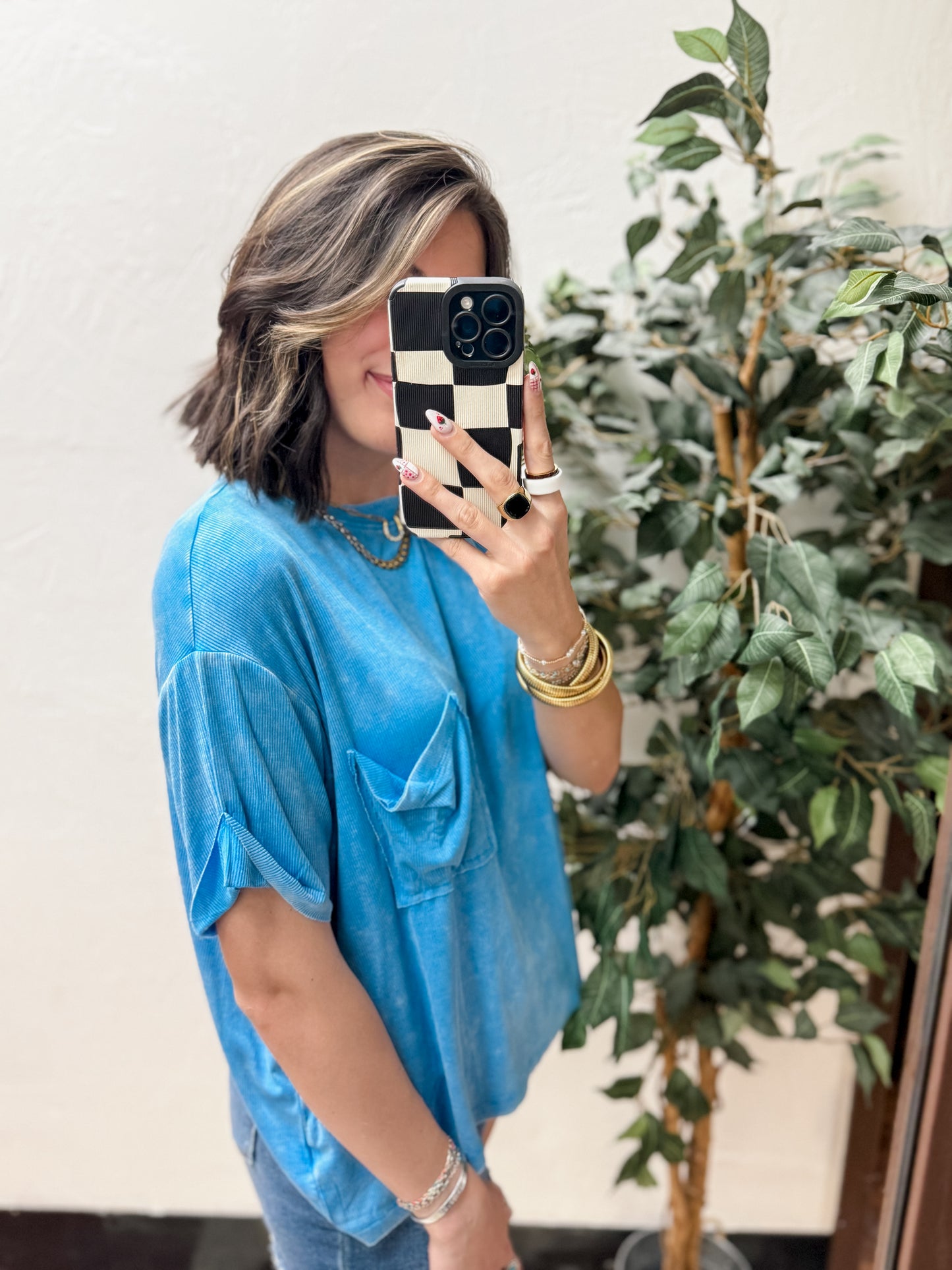 The Kora Acid Wash Ribbed Cuffed Tee - Deep Sky