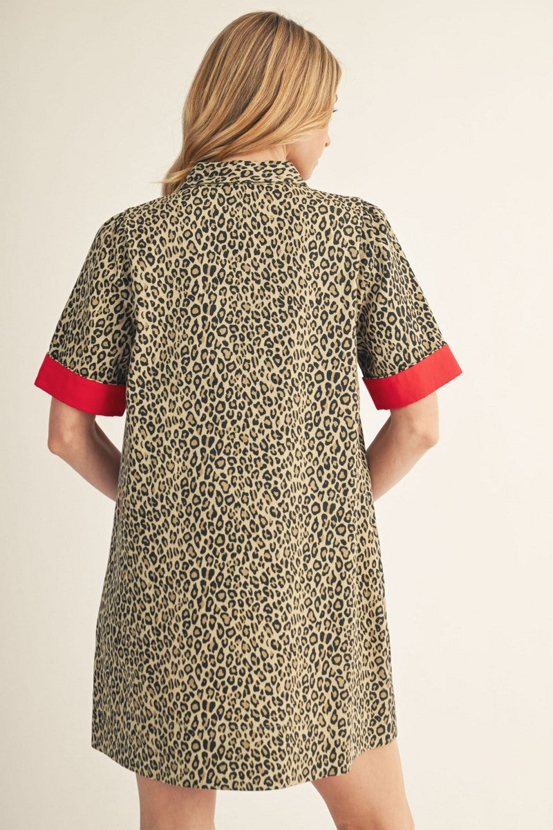 The Malorie Color Contrast Accent Leopard Dress - Beige