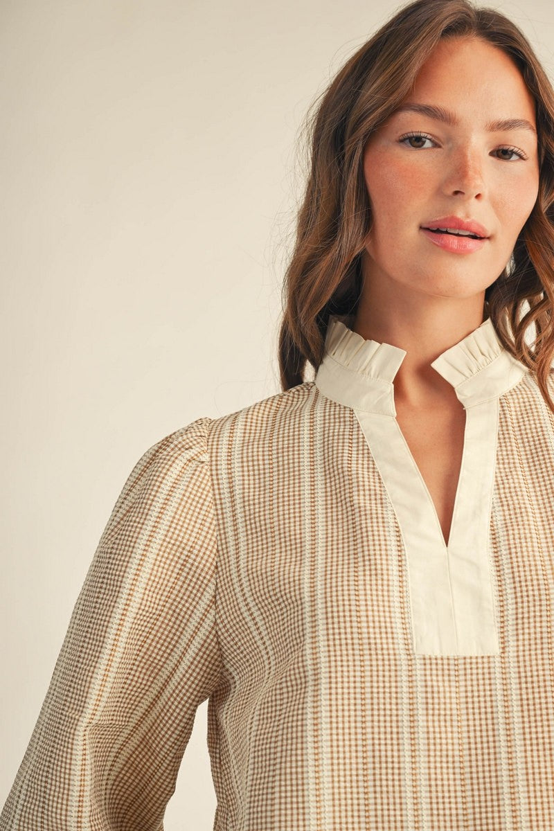 The Brock Ruffled Neckline Gingham Top - Taupe