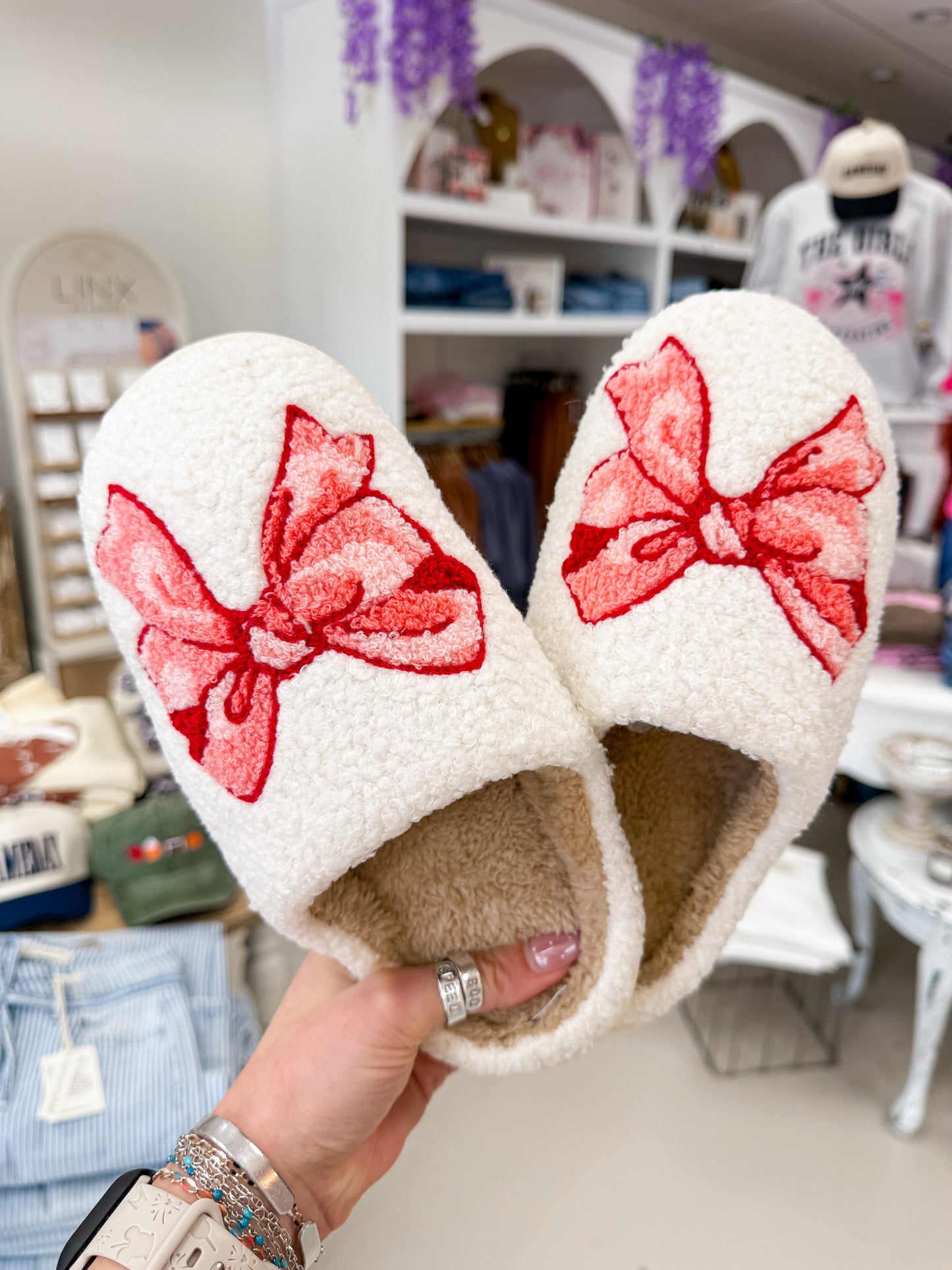 The Leopard Bow Plush Slippers - Pink
