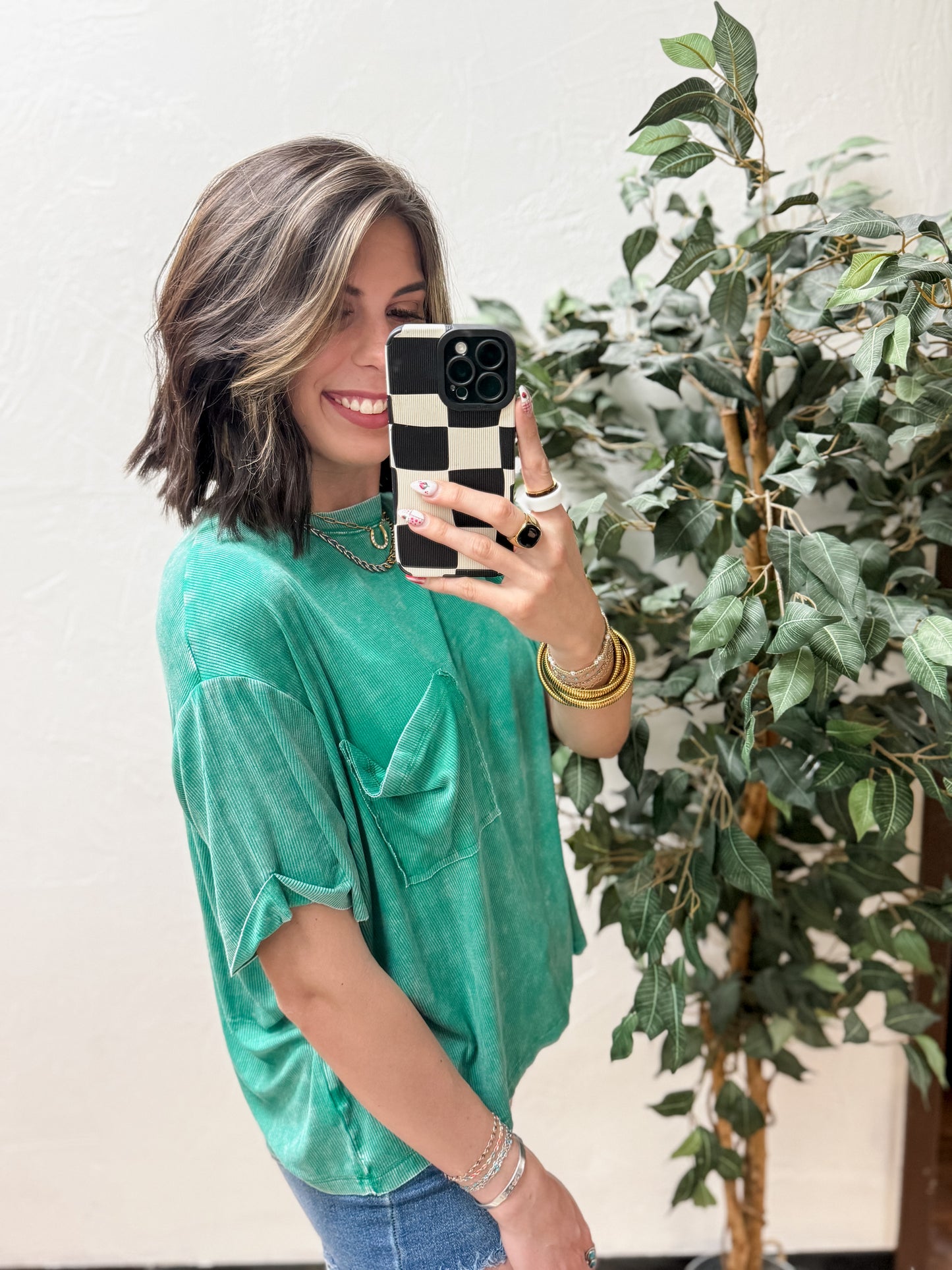 The Kora Acid Wash Ribbed Cuffed Tee - Kelly Green
